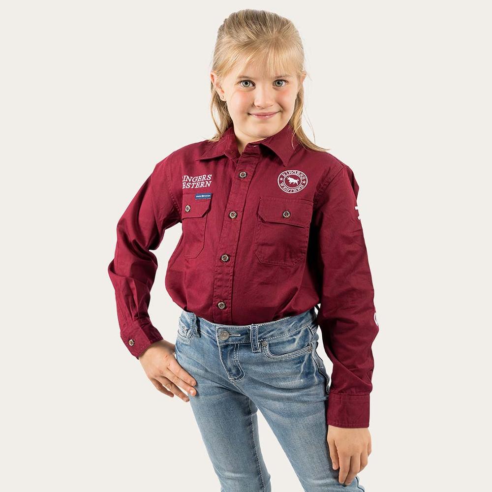 Jackaroo Kids L/S Full Button Embroidered Work Shirt  - Burgundy With White Embroidery