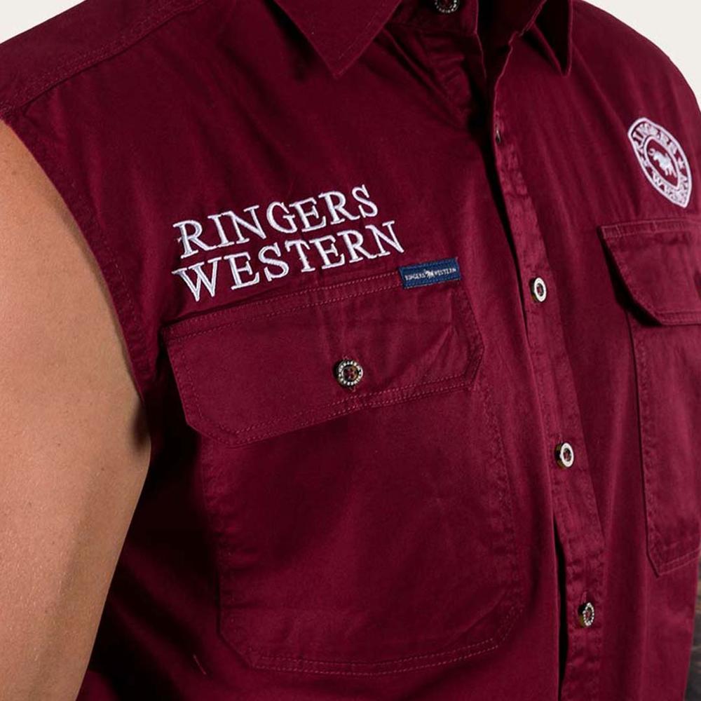 Hawkeye Mens Sleeveless Work Shirt- Burgundy With White Embroidery - Ringers Western Toowoomba