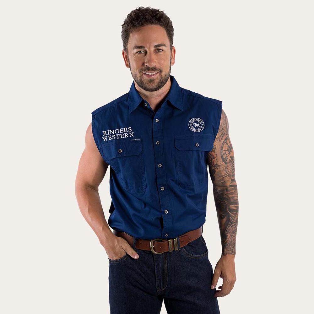 Hawkeye Mens Sleeveless Work Shirt -  Navy With White Embroidery