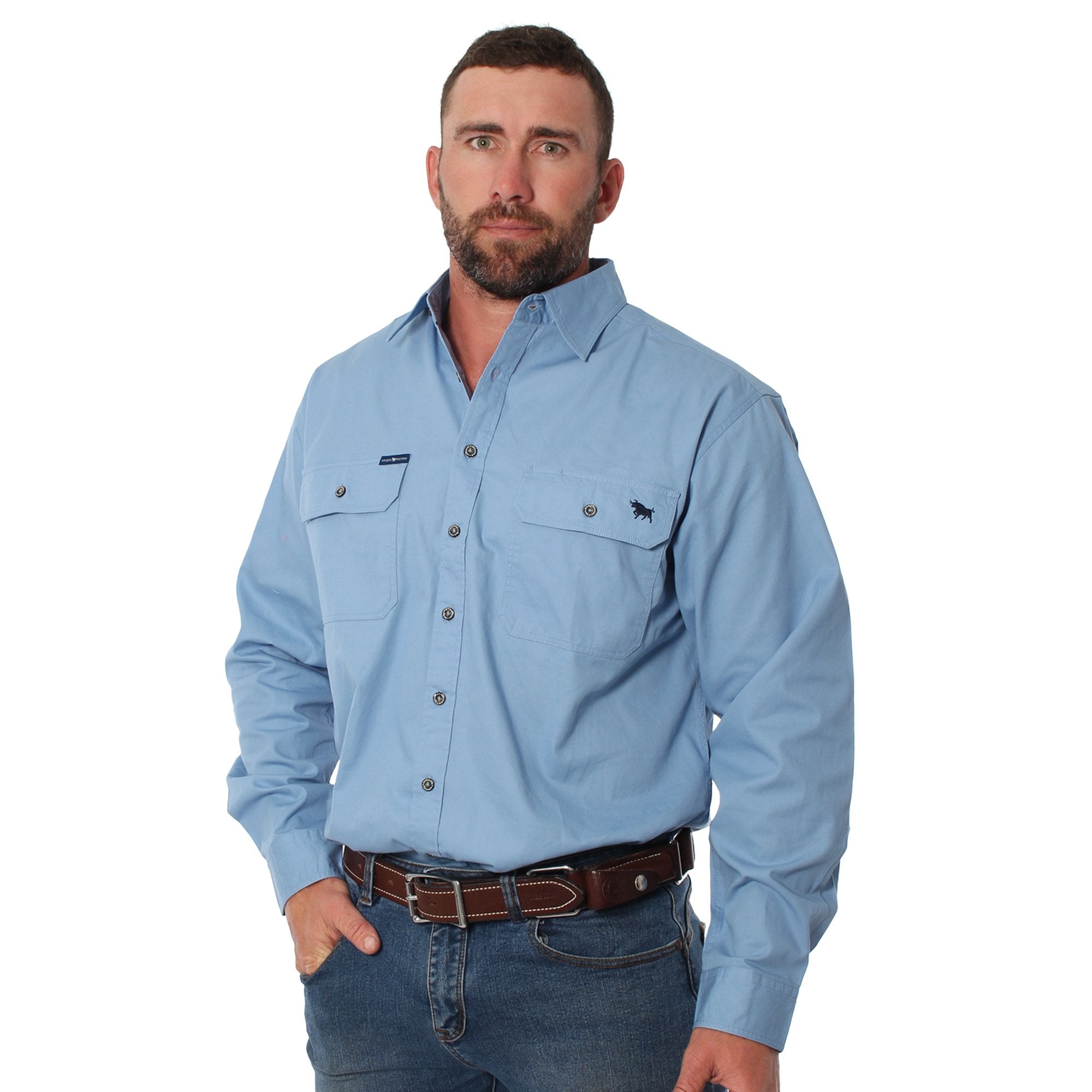King River Mens Full Button Work Shirt - Denim Blue