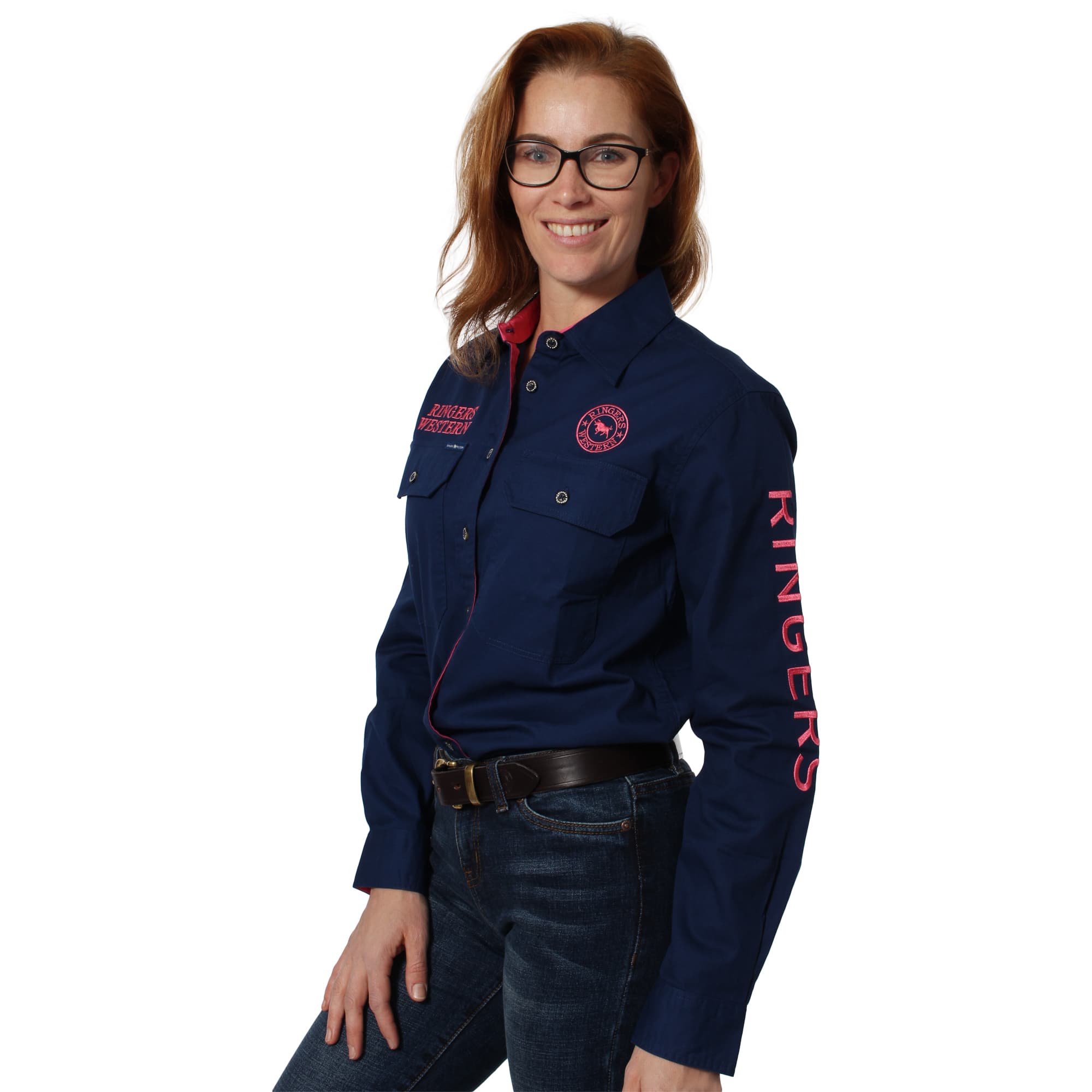 Signature Jillaroo Womens Full Button Work Shirt - Navy/Melon