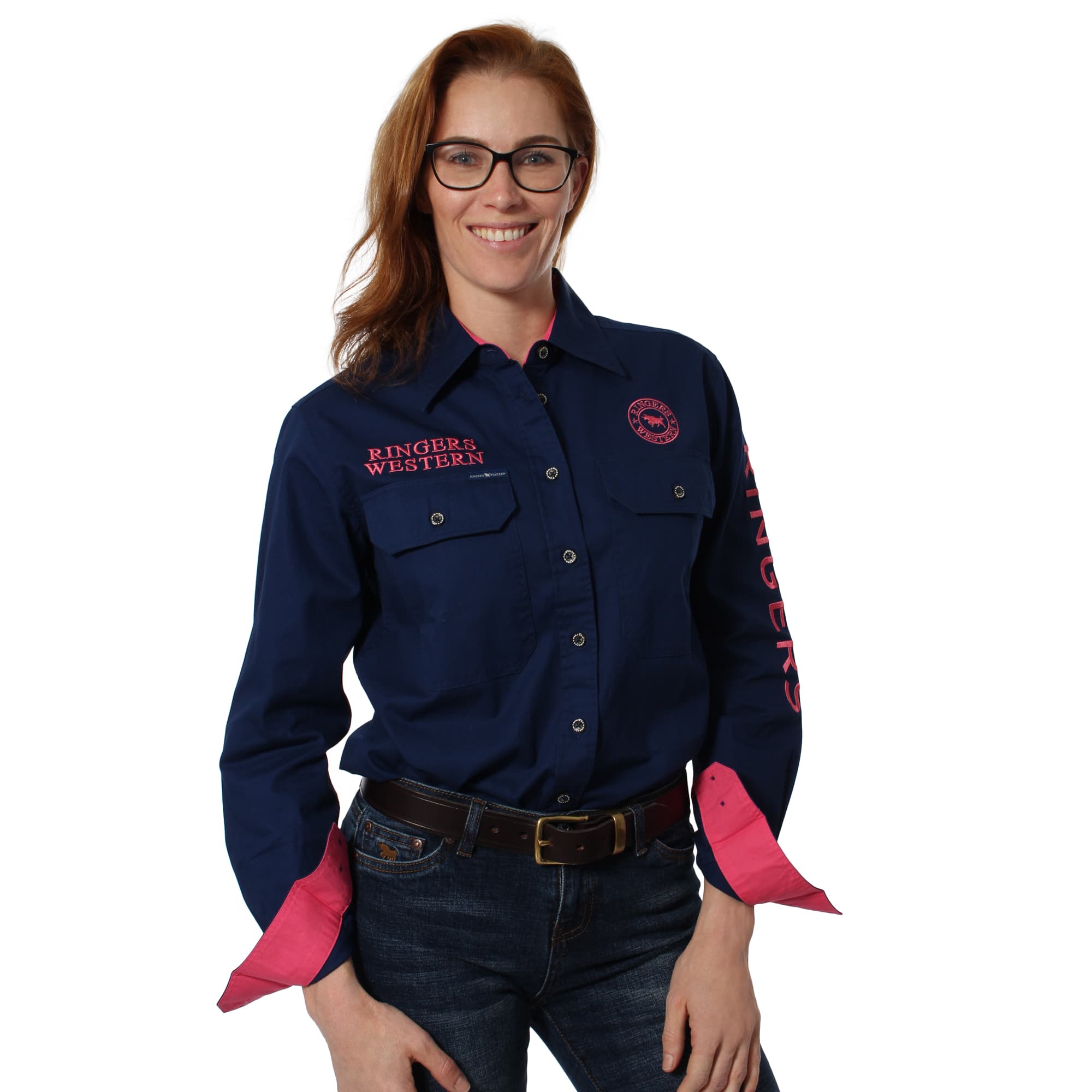 Signature Jillaroo Womens Full Button Work Shirt - Navy/Melon